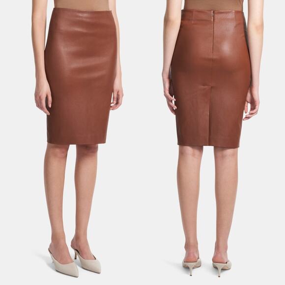 Theory Dresses & Skirts - Theory | Classic Skinny Dark Cognac Brown Lamb Leather Pencil Skirt 2